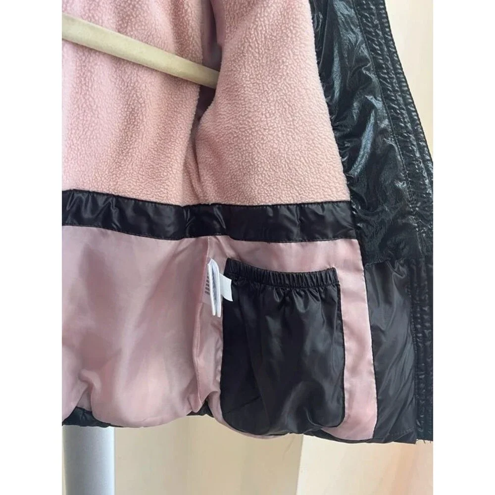 Michael Kors Girls Double Zip Puffer Jacket Black Pink Faux Fur Hood Sz 2T